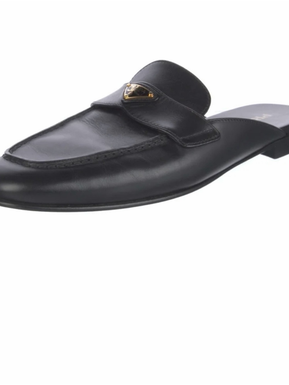 Prada Black Leather Backless Loafer Mule with Gold Triangle Hardware - Picture 2 of 13
